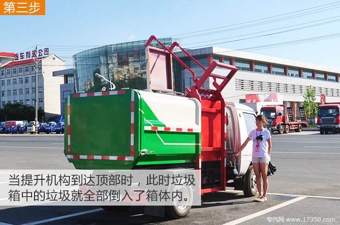 东风挂桶式垃圾车提升装置，倾倒垃圾桶工作图