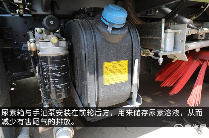 尿素箱与手油泵安装在前轮后方,用来储存尿素溶液,从而减少有害尾气的