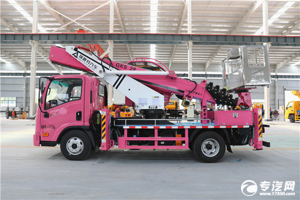大运奥普力国六粉色28米伸缩臂式高空作业车